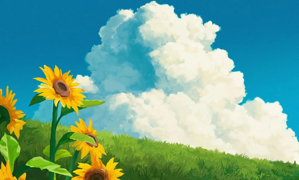 Sunflowers and clouds over a green hill